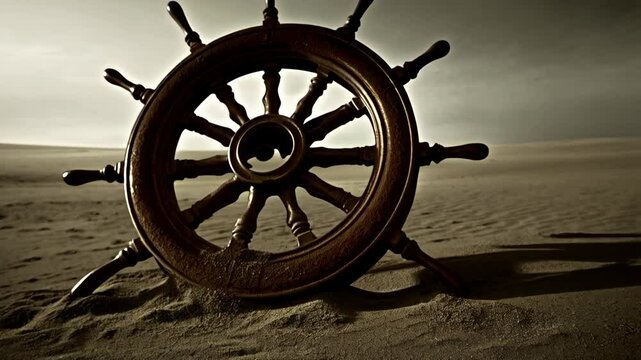 Weathered ship's wheel stands stranded in rolling desert sands under moody sky, evoking themes of navigation, adventure, and forgotten journeys
