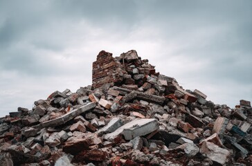 Pile of rubble from a demolished building under a cloudy sky