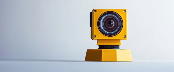 Retro yellow camera with lens detail displayed on a white background for photography