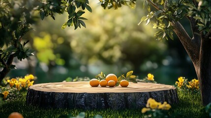 Fresh oranges on a wooden stump in a garden setting.