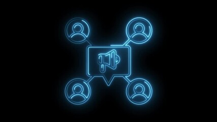 Neon social media marketing concept featuring customer outreach and loudspeaker icon on a black background