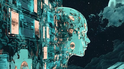 A futuristic head, composed of intricate digital circuitry, contrasted against a starry night sky.