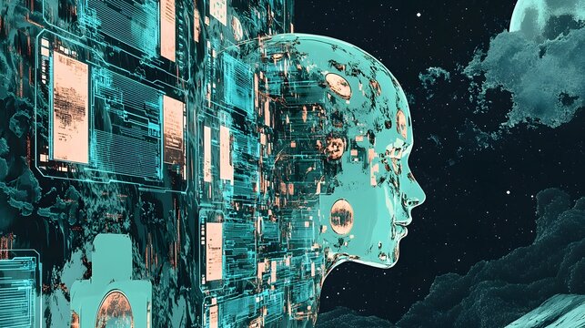 A futuristic head, composed of intricate digital circuitry, contrasted against a starry night sky.