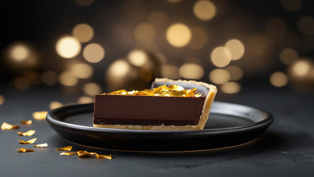 Tuxedo elegant chocolate tart with gold leaf accents, poised on its ceramic pedestal. The interplay of deep shadows and gilded light whispers ‘special occasion. Perfect for wedding dessert features