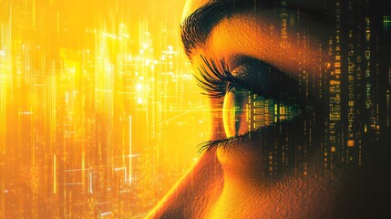 Close-up of an eye with digital cityscape overlay.