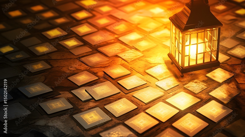 Poster illuminated computer chips arranged in a grid pattern.