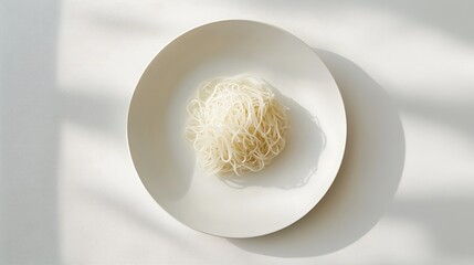 A white bowl containing a serving of noodles on a light background