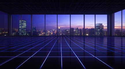 Empty office with city lights, digital grid floor