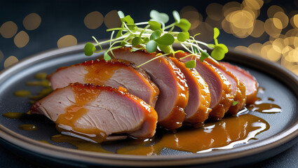 Rosy-centered duck with lacquered orange glaze and emerald greens. Moody shadows and gilded bokeh create edible luxury. Ideal for chef portfolio features