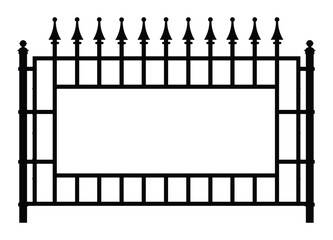 Black and white metal fence vector illustration with pointed finials and repeating geometric pattern of vertical and horizontal bars. Minimalist, clean design, isolated on white background.
