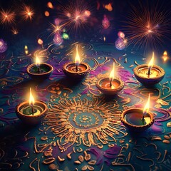 Colorful diyas arranged on a decorative surface.