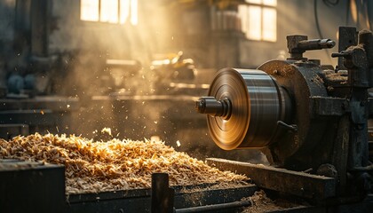 Vintage lathe in workshop illuminated by sunlight highlighting craftsmanship