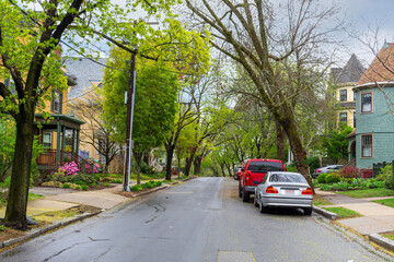 Serene residential street lined with vintage homes and early spring trees in Brookline, Massachusetts, USA
