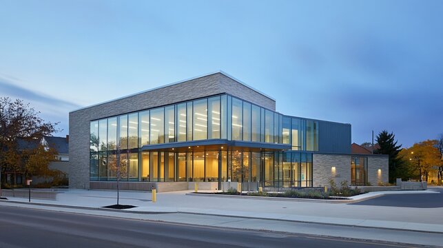 Exterior View of a Modern Library Building Featuring Glass Facade