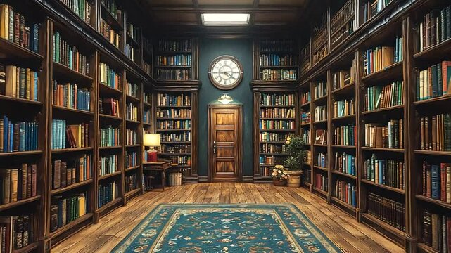 Grand library interior with wooden bookshelves