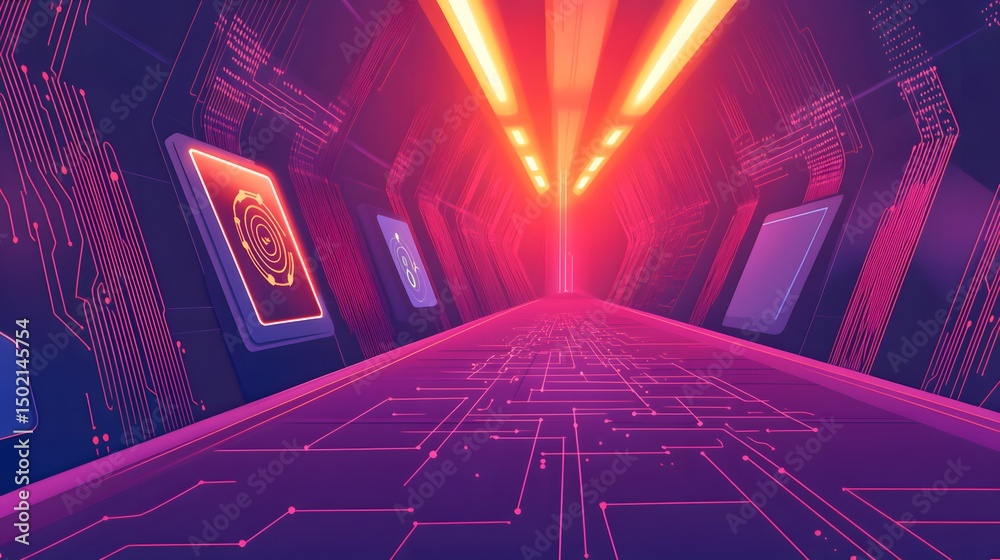 Poster digital pathway lined with circuit board patterns.
