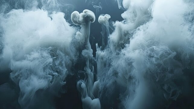a dramatic scene featuring large, billowy clouds of smoke set against a dark background. the clouds seem to be in motion, creating an atmospheric effect as if they are rolling around each other