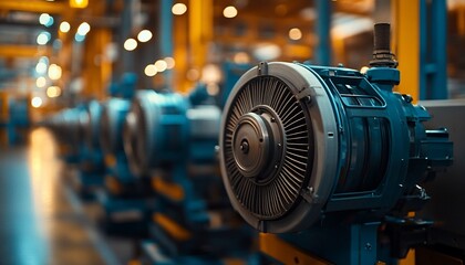 Fototapeta premium Industrial precision: A close up of heavy duty electric motors in production line