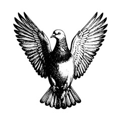 Obraz premium Pigeon flying while spread wings engraving black and white outline. Scratch board imitation.