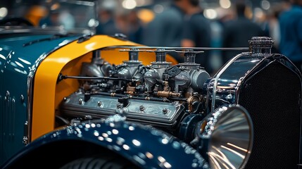 Exquisite Detail of a Classic Car Engine at an Antique Auto Exhibition Event