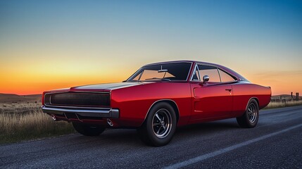 Classic red muscle car on a scenic highway at sunset showcasing automotive excellence and timeless design
