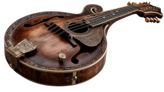 Ornate Mandolin Closeup: A meticulously crafted mandolin, showcasing intricate carvings and metallic accents, rests against a plain background.