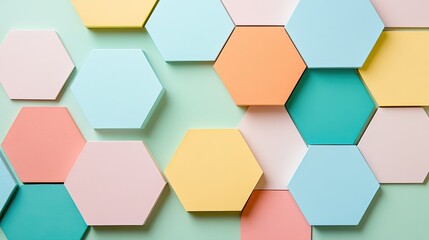 a vibrant abstract design composed of hexagonal shapes in various colors, arranged against a backdrop with a gradient ranging from yellow to green