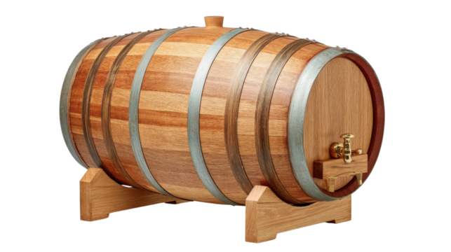 Oak Barrel: A classic oak barrel, a symbol of tradition and craftsmanship, rests on a wooden stand, ready for its purpose, showcasing its timeless beauty.