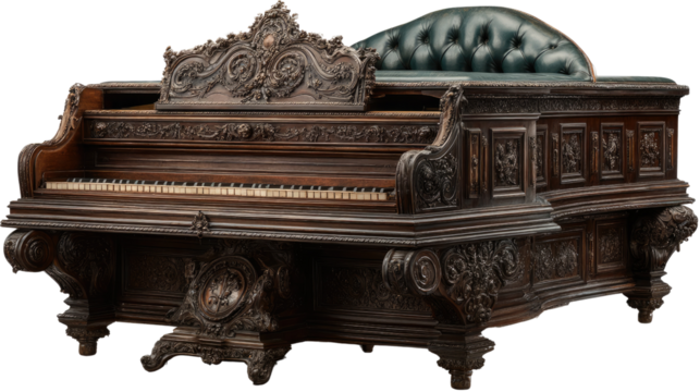 Magnificent Grand Piano: This photograph showcases an antique grand piano, a symbol of timeless elegance. Its intricately carved wooden detailing evokes a sense of artistry and musical history.