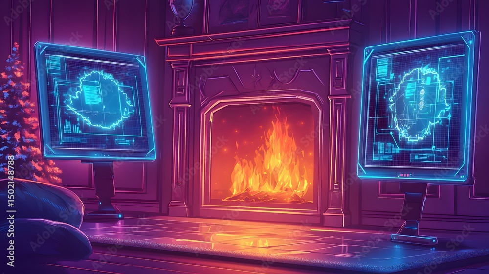 Poster two glowing computer screens display data in front of a warm fireplace.