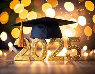 Graduation Cap with Golden Tassel and Shimmering 2025 Numbers on Bokeh Celebration Background