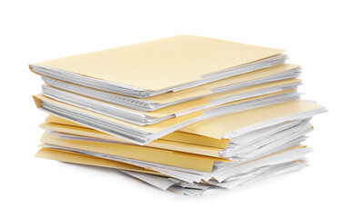 Stack of file folders with papers isolated on white