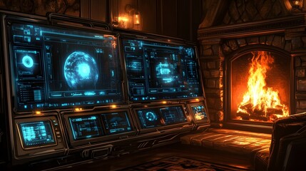 Obraz premium Futuristic console by a cozy fireplace.