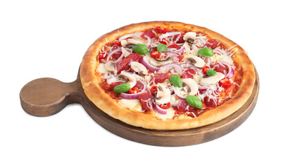 Tasty pizza with smoked sausages and mushrooms isolated on white