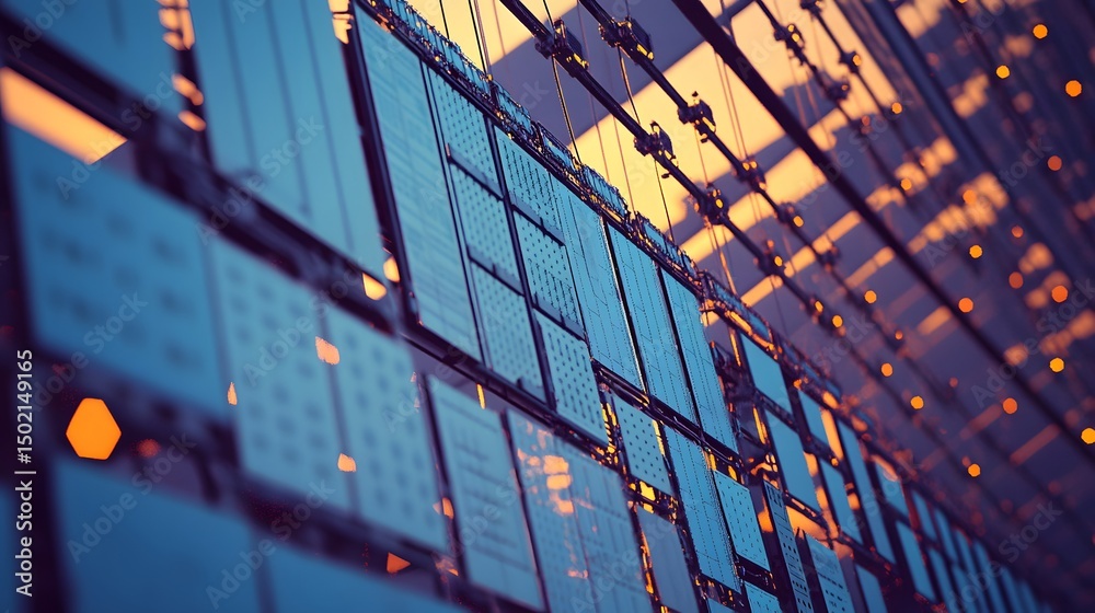 Poster close-up view of many rectangular panels arranged in rows.
