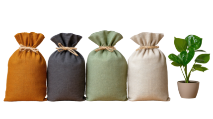 Eco-friendly Finances: An attractive display of tied sacks filled with potential, coupled with a healthy plant, creating a metaphor for growth, and eco-conscious financial well-being.