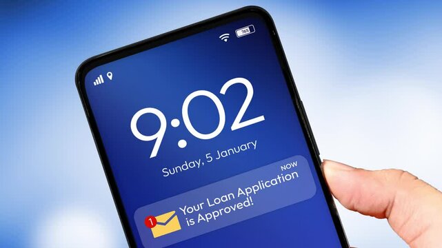 Application for loan is approved concept 4k animation appearing on the smartphone in hand. Personal loan, email, message, notification.