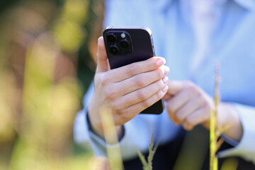 Woman using plant recognition application on smartphone outdoors on sunny day, closeup