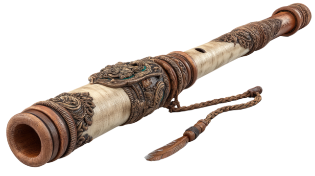 Exquisite Antique Wind Instrument: A beautifully crafted, ornate wind instrument, showcasing intricate details and a rich cultural heritage, rests.
