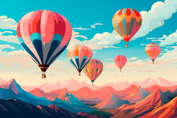 Obraz premium Colorful hot air balloons flying over mountains, concept of adventure, travel, and freedom in a vibrant, dreamy landscape. Illustration