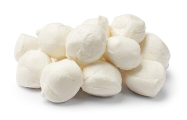 Many tasty mozzarella cheese balls isolated on white