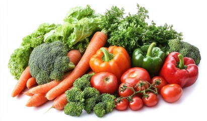 Fresh colorful vegetables including lettuce, carrots, broccoli, peppers, and tomatoes.  A healthy mix of produce