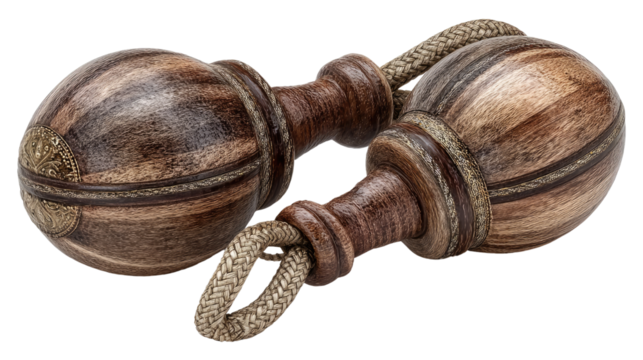 Wooden Clackers: A close-up shot of two wooden clackers, their warm tones and intricate grain patterns stand out against each other, showcasing the craftsmanship and texture of the rustic toys.