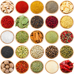 Different aromatic spices in bowls isolated on white, set. Top view