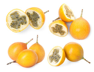 Ripe passion fruits on white background, collage