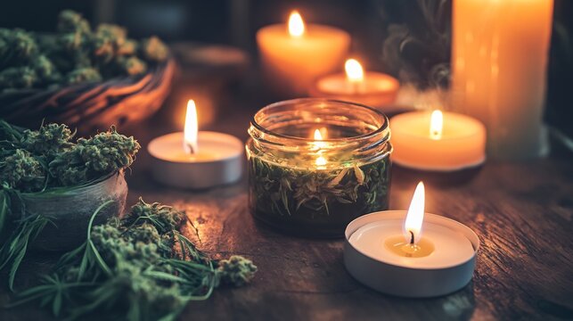 Mexican curandera using cannabis tincture spiritual cleansing ritual with candles and protective amulets