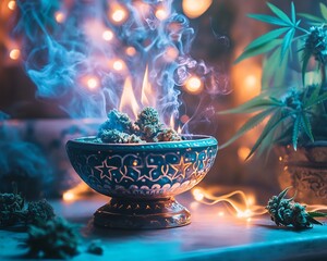 Middle Eastern cultural scene of cannabis incense being burned spiritual clarity and medicinal breathing practice