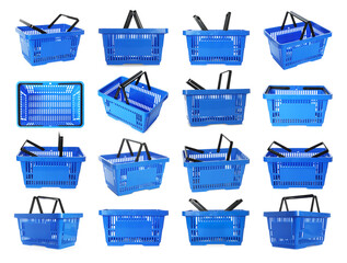 Blue shopping basket on white background, collage. View from different sides