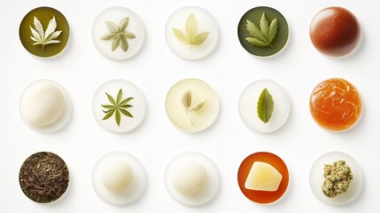 Minimalist art style breakdown of cannabis gummy ingredients clean white background leaf outlines and wellness benefits shown in circular form