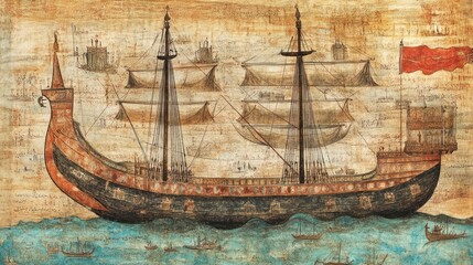 Fototapeta premium Antique illustration of several sailing ships. A depiction of historical naval vessels, likely from the Age of Exploration.